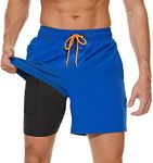 Arcweg Men's Swim Trunks with Boxer Brief Lined Swim Shorts Compression Liner 2 in 1 Beach Short with Zipper Pocket Surfing Dark Blue