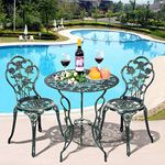 COSTWAY 3 Pieces Patio Bistro Set, Cast Aluminum Antique Weather Resistant Chairs and Table with Umbrella Hole, Antique Bronze Finish Garden Furniture Set Outdoor Dining Set, Rose Design (Green)