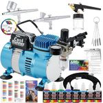 Professional 3 Airbrush System Kit with G22, G25, E91 Master Airbrushes & TC-20 Air Compressor, 6 Primary Colors US Art Supply Paint Set, Color Mixing Wheel, Guide Booklet & Chart