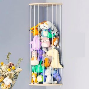 Ausale Storage Wood Soft Toy Shelf with Adjustable Length，Corner Stuffed Animal Toy Hammock Hanging, Hanging Toy Organizer, Large Corner Plush Toys Storage for Nursery Playroom Bedroom (Fan-Shape)