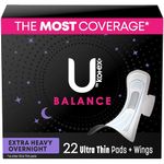 U by Kotex Balance Ultra Thin Overnight Pads with Wings, Extra Heavy Absorbency, 22 Count