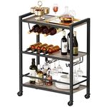 HOOBRO Bar Cart for The Home, 3-Tier Kitchen Cart with Wheels, Coffee Cart, Wine Cart with Wine Rack and Glass Holder, Rolling Serving Cart for Living Room, Party, Bar, Greige and Black BG35TC01G1