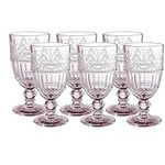 Whole HOUSEWARES Pink Vintage Glass Goblets - Set of 6, 11.5 oz Embossed Wine Glasses - Perfect for Weddings, Parties - Elegant Crystal Glassware for Cocktails, Drinks