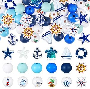 200 Pcs Ocean Theme Wood Beads for Crafts Colored Wooden Beads with Holes Cruise Anchors Round Spacer Beads for Jewelry Making Bracelet Necklace Craft DIY Garland Home Decor