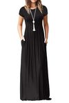 WNEEDU Women's Maxi Dress Summer Short Sleeve Casual Long Dresses with Pockets（Black,M）