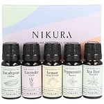 Nikura Starter Essential Oil Gift Set - 5 x 10ml | Essential Oils for Diffuser for Home, Aromatherapy, Strong Fragrance, Lavender Oil for Sleep | Eucalyptus, Lavender, Lemon, Peppermint, Tea Tree