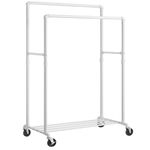 SONGMICS Heavy-Duty Clothes Rack, 39.4 Inch Clothing Rack with Storage Shelf, Double-Rod Garment Rack on Wheels, Industrial Double Rod Metal Clothing Rack for Hanging Clothes, White UHSR060W01