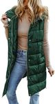 EVALESS Casual Long Puffer Vest for Women Quilted Hoodie Vest Fall 2024 Zip Up Button Down Sleeveless Jacket Winter Warm Gilet Coat Outerwear with Pockets Green Large