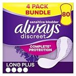 Always Discreet Incontinence Panty Liners For Women, Long Plus, 80 High Absorbency Liners, (20 x 4 Packs) SAVING PACK, Complete Protection, for Bladder Leak, Thin And Discreet, Odour Neutraliser