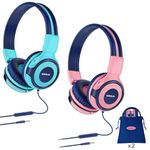 2 Pack of SIMOLIO Kids Headphones with Safe Volume, Microphone, Share Port, On-Ear Headphones for Girls Boys Childrens, Adjustable & Foldable Travel Headphones with Pouch for Plane (Mint,Pink)