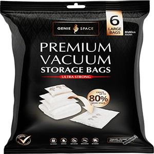 GENIE SPACE Large Vacuum Bags - Pack of 6, Size Large | Big & Strong Space Saving Storage Bag, 80x60cm | Premium Airtight & Reusable Vacuum Bags for Clothes, Towels, Bedding, Single Duvets & Pillows