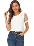 Allegra K Women's Peter Pan Collar Top Vintage Polka Dots Mesh Sleeve Blouse White XL-20