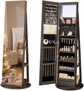 SONGMICS 6 LEDs Lockable Mirror Jewelry Cabinet, 360° Swivel Jewelry Organizer, Standing Jewelry Armoire, Frameless Full-Length Mirror, 3 Storage Shelves, Christmas Gifts,Ash Brown Surface