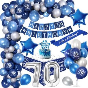 70 Años Decoraciones Cumpleaños Hombre, Globos 70 Cumpleaños Fiesta Azul Plata con 70 Happy Birthday Banner Birthday Sash Manteles Cake Topper para Hombres Adultos 70 Cumpleaños Fiesta
