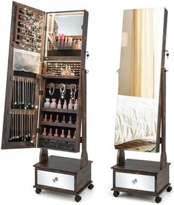 Giantex Standing Jewelry Armoire, Lockable Movable Jewelry Organizer w/Full-Length Mirror, Vanity Mirror, 3-Color LED Lights, Shelves & Drawers, Jewelry Cabinet w/Wheels & Adjustable Angles (Coffee)