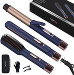 PARWIN PRO BEAUTY 3 in 1 Styling Set, 25mm Hair Straightener, 32mm Hair Curler, Hair Straightener Brush, Detachable Power Cord, LED Temp Control, Rapid-Heat up, for Gift ＆ Travel, Prussian Blue