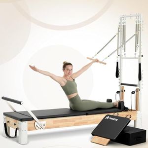 Pilates Reformer, PAETA Wooden Foldable Pilates Reformer Machine with Cadillac Trapeze Table, Pilates Machines for Home Use and Studio, Pilates Equipment with Sitting Box, Jump Board(with Tower)