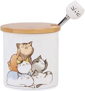 Sugar Bowl with Lid and Spoon, ChaseChic 9oz/266ml Ceramic Sugar Pot, Cute Cat Pattern Covered Sugar Bowl for Home and Kitchen