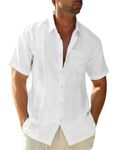 LVCBL Linen Shirt Men Men's Shirt Cotton Short Sleeve Summer Shirts Casual Beach White L