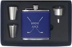 Birdie Juice Flask, Funnel, Shot Glasses, and Gift Box - Golfing Birdie Juice Hip Stainless Steel Leatherette Metal Matte 6-Ounce Golf Bag Flask (Blue)