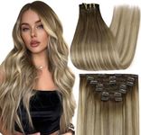 Full Shine Brown Clip in Hair Extensions Real Human Hair Ombre Brown to Blonde Clip in Extensions Remy Hair Extensions Double Weft Clip in Human Hair Extensions for Short Hair 12 Inch 7 Pcs