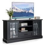 KOTEK Farmhouse TV Stand for TVs up to 70 Inch, Tall Entertainment Center w/2 Glass Doors, Adjustable Shelves, Drawer, TV Console Table with Storage Cabinets for Living Room, Bedroom (Black)