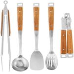 Aramco Hamilton Beach Cooking Utensils Set, 5-Piece, Stainless Steel with Acacia Wood Handles, Kitchen Tools and Gadget, Solid Turner, Slotted Spoon, Ladle, Food Tongs, and Can Opener