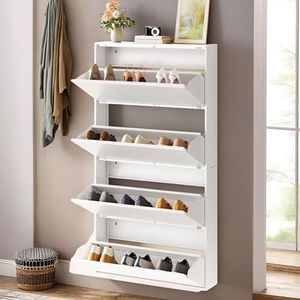 YITAHOME Shoe Storage Cabinet with 4 Flip Drawers, Wall Mount Metal Shoe Organizer for Entryway, Shoe Rack Cabinet, White