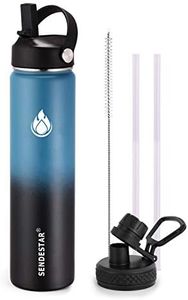 SENDESTAR Water Bottle 24oz Double Wall Vacuum Insulated Leak Proof Stainless Steel Sports Water Bottle—Wide Mouth with New Flex Straw Lid & Spout Lid (Deep Blue&Black)