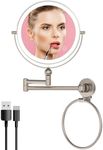 Rocollos 8‘‘ Height Adjustable Wall Mounted Makeup Mirror with Towel Ring, Double Sided 1X/10X Magnifying Rechargeable LED Vanity Mirror with Lights 360 Swivel Extendable Arm Lighted Cosmetic Mirror