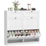 HOMCOM Shoe Cabinet with 2 Large Flip Drawers, Farmhouse Narrow Shoe Storage Cabinet with 2 Top Compartments, Adjustable Shelves for Entryway, Hallway, Holds 16-20 Pairs, White
