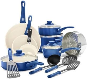 GreenLife Soft Grip Healthy Ceramic Nonstick, 16 pc Cookware Pots and Pans Set, PFAS-Free, Dishwasher Safe, Blue