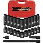 Awang Impact Socket Set 1/2-Inch,25 PCS Drive Master Deep Impact Socket Set 10mm - 24mm, CR-V with 3pcs Drive Impact Extension Bar Set 3",10",3/8 "Converter Metric