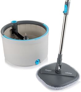 Minky Opti-Clean Spin Mop, 360° Spin & Rinse & Wringing System, Reusable Powerful Microfibre Velcro Pad, Dual Cavity 2L Bucket with Sturdy Handle, Light Grey Bucket with Dark Grey Trim & Blue Accents