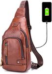 Leather Sling Bag Crossbody Backpack for Men Women Outdoor Travel Camping Shoulder Chest Day Pack Vintage Backpacks Daypack Brown