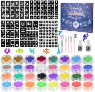 AOMIG Glitter Tattoo Set, 44 Pieces Temporary Glitter Tattoo Make-Up Kit for Children, Girls, Adults, 24 Colours Glitter, 8 Colours Luminous Powder, 5 Stencils, 5 Brushes for Carnival, Birthday Party