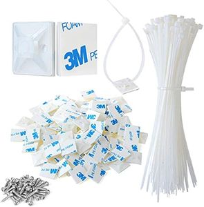 3/4" 3M Back-Glue Self Adhesive White Strong Cable Zip Tie Mounts 100pcs with 8" Ties, Screws, Outdoor Sticky Wire Fasteners Cable Clips Management Anchors Organizer Holders Squares