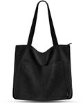 Prite Corduroy Tote Bag for Women Large Shoulder Bag with Zipper and Pockets for College Work Travel Shopping(Black)