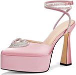 Coutgo Womens Platform High Chunky Heels Rhinestone Triple Heart Pointed Toe Ankle Strap Party Wedding Dress Pumps Shoes, Baby Pink, Size 9.5