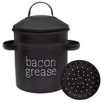 AuldHome Farmhouse Bacon Grease Container (Black), Enamelware Bacon Grease Can with Strainer, Vintage Style, Keto-Friendly