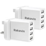 2 Pack USB Plug Charger,Rekavin 4 Port Multi USB Plug Adapter UK 25W/5A Wall Charger Mains with Smart IC Fast Charging for iPhone 11 pro Max XS XR X SE2020 10 8 7 6 ipad,Samsung S10 S9 S8 S7,Huawei