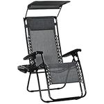 Outsunny Zero Gravity Garden Deck Folding Chair Texteline Patio Sun Lounger Reclining Seat with Cup Holder & Canopy Shade - Grey