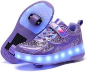 GIMKOUNN Roller Shoes Girls Sneakers USB Charge LED Lights Shiny Wheels Shoes Glitter Material Boys Roller Skate Shoe for Kids Gifts Skating Beginner（Size 3.5,Purple）