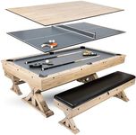 7' 3 in 1 Multi Game Pool Table with Dining Top Pool Ping Pong Table Combo with Dual Storage Bench Seating. Includes Billiards, Ping Pong Accessories. Dust Cover Included.