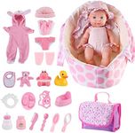 deAO 26PCS Baby Doll Set, Doll Accessories Toy Set with Carry Cot Bed Pillow, 4 Outfit Sets & Carrying Case, Pretend Play Doll Feeding Set with Doll Clothes for 3-6 Year Old Kids Girls Boys