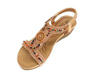 IVACHY Womens beaded crystals elastic strap stretch flats rhinestone decor slingback bohemian style sandals