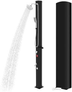 MEIGESI 9.3 Gallon Solar Heated Outdoor Shower (Dust Cover Included), Freestanding Outside Shower with 360° Swivel Head, Handheld Shower, Foot Faucet & Removable Soap Box, Hot & Cold Water Adjustment