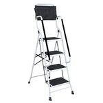 Support Plus 4 Step Ladder with Handrails - Folding Step Stool with Ladder Caddy, Heavy Duty Step Stool Home Kitchen Ladder, 300 Lb. Capacity Stepladder