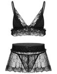 dPois Men's 3Pcs See Through Lace Crossdress Bra Top Thong Mini Dress Girly Babydoll Black X-Large