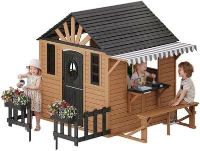 Albott Outdoor Wooden Playhouse with Kitchen Playset, Upgrade Backyard Cottage for Kids with Fence, Dutch Door, Wooden Flowerpot, Bench & Awning, Pretend Playhouse for Boys & Girls Ages 3-8
